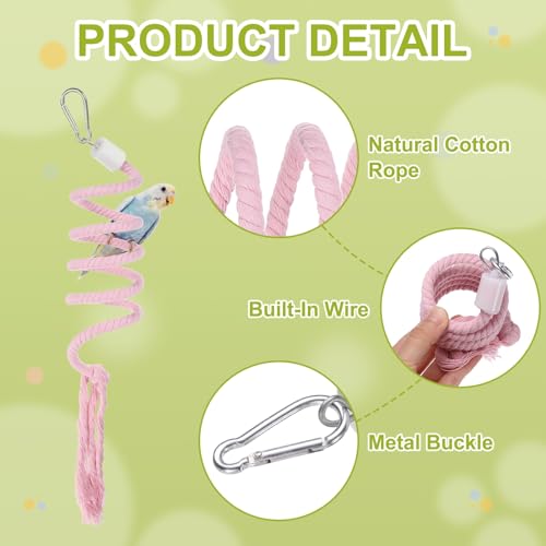 Bird Rope Perch Swing, Spiral Rope Perch Standing Pole Accessory Climbing Swing Paw Grinding 59 Inch, (Pink) Intended for Parrot/Parakeet/Budgies/Cockatiels/Lovebirds - color: Pink, size: 59 Inch