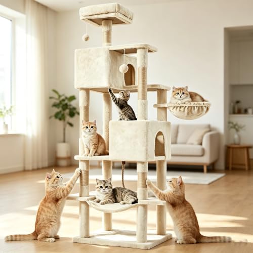 DUMOS 66 Inch Large Cat Tree Tower with Scratching Posts - color: Beige, size: 66.9"×18.9"×18.9"