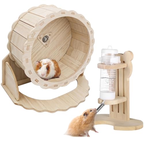 2 PCS Wooden Silent Hamster Wheel and Hamster Water Bottle Set, 8.6" Guinea Pig Wheel with Adjustable Water Dispenser Stand for Gerbil, Syrian & Dwarf, Chinchilla and More Small Animal