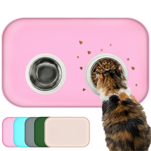 BLESWIN Waterproof Silicone Pet Feeding Mat Pink with Raised Edge,24" x 16"Non-Skid Spill Proof Dog Bowl Mats, Easy Clean Cat Bowls Placemat for Cats and Dogs - color: Pink, size: 60 x 40 cm