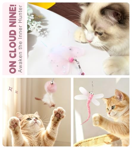 SONGWAY Interactive Cat Wand Toy Set - Retractable Cat Teaser Wand with 8 PCS Cat Toy Attachments, Dragonfly Butterfly Bird Mouse Yarn Ball Tassel Feather Cat Toy Refills for Indoor Cats Kittens, Pink - color: Pink