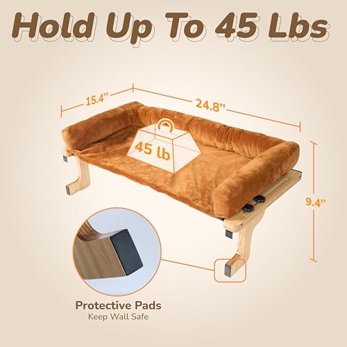 [Ready to Gift] PURRHOUSE 45LBS Cat Window Perch with Bolster, Hammock Seat with Plywood & Metal Frame, Cat Bed for Windowsill, Bedside and Cabinet (Natural Wood & Brown Cushion, 24.8''W x 9.4''H) - color: Natural Wood & Brown Cushion