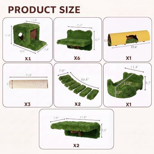 16-in-1 Cat Wall Shelves, Cat Furniture w/Tunnel & Bridge, Green - color: Green, size: 16-in-1