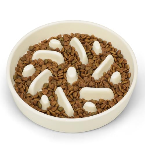 Ceramic Slow Feeder Dog Bowl, 2 Cups Maze Puzzle Dish to Slow Down Eating - color: Maze - White
