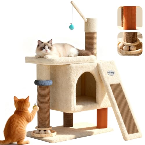 Eco-Wood Cat Tree Tower,【Small but All-in-One】with Scratching Posts, Indoor - color: Oatmeal