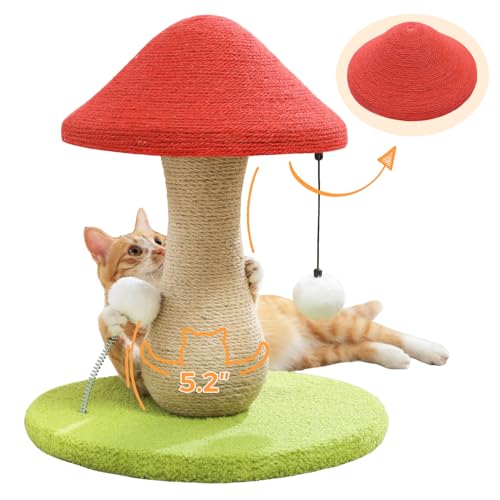 PETEPELA Mushroom Cat Scratching Post, 100% Sisal Cute Cat Scratcher, Pink - color: Red
