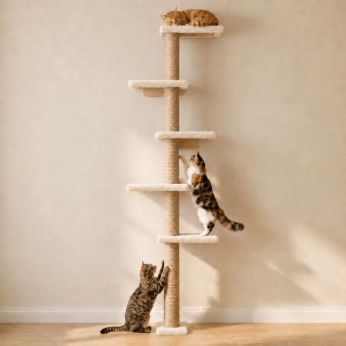 80-Inch Wall-Mounted Cat Tree with Scratching Post & 5 Perches, Beige - color: Beige