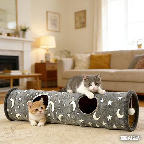 Glow-in-the-Dark Cat Tunnel for Indoor Cats Large Foldable Cat Play Tunnel with Hanging Ball 2 Peepholes Interactive Cat Toy for Kittens Pet Tunnel for Small Dogs Cat Tube for Indoor Cats - size: 2-Way Fluorescent Moon