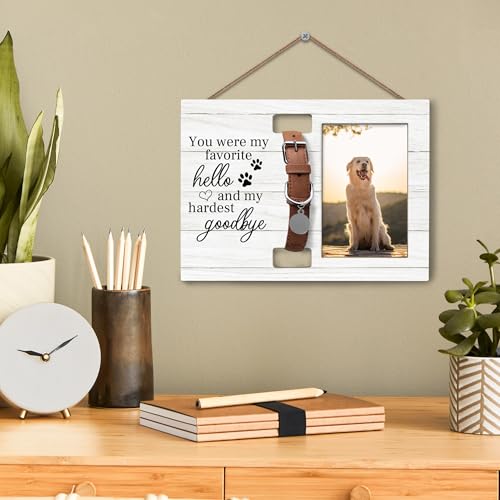 Pet Cat Dog Memorial Loss Gifts Picture Photo Frame with Collar Holder for 4x6 Photos, You Were My Favorite Hello and My Hardest Goodbye - color: white