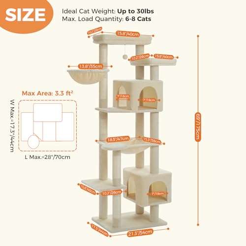 PETEPELA 69" Tall Cat Tower with Hammock & Scratching Posts, Beige - color: Beige, size: 69 Inches