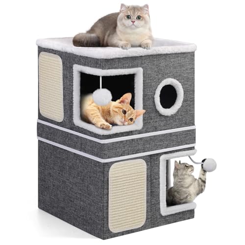 Shikha 2 Story Cat House beds for Indoor Cats with Scratch Pads Grey - color: Grey, size: Double