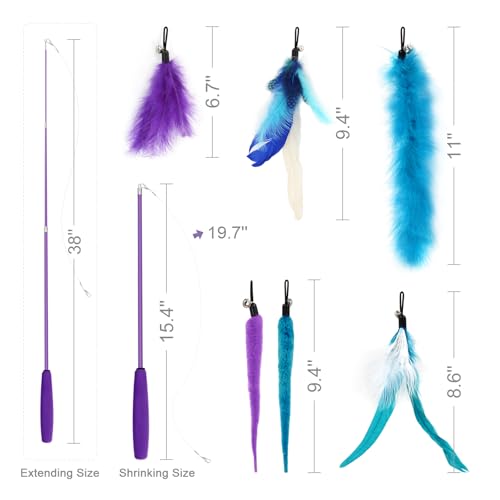 SONGWAY Interactive Cat Feather Toy Set - Retractable Teaser Wand with 6 Pcs Feather Refills with Bell, Cat Wand Toys for Indoor Cats Kittens Play Chase Exercise, Blue - color: Blue
