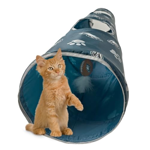 NFL Philadelphia Eagles Cat Tunnel Tube Toy with Plush Football Catnip and Feathers Collapsible Tunnel for Cats to Play, Peek and Hide, Sporty & Fun Cat Tunnel Toy with Team Logo All-Over Design! - color: Philadelphia Eagles