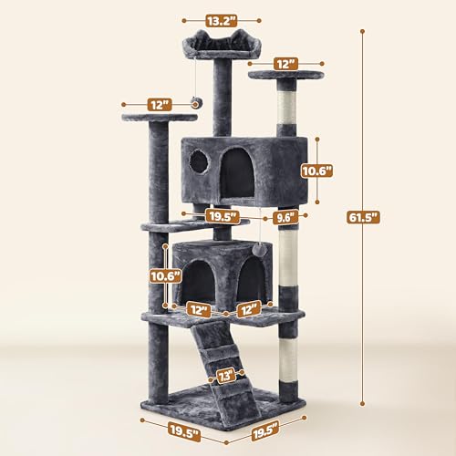 Yaheetech 62in Cat Tree with 2 Condos Sisal Scratching Post Sturdy Tower - color: Dark Gray, size: 62in