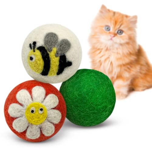 Love Ewe Wool Cat Toys Ball 3 Pack, 2-inch Flower and Bee - color: Flower/Bee
