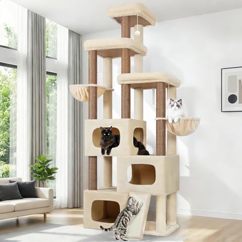 Globlazer 85 Inch Tall Cat Tree for Large Cats, Multi-Level Cat Tower for 4+ Cats with 3 Condos, 2 Hammocks & Sisal Posts, Heavy Duty Cat Tree Tower for Maine Coon, S85, Beige - color: Beige, size: 85 Inch