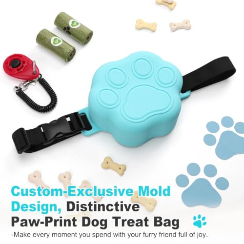Dog Treat Pouch with Training Clicker and 2 Poop Bags, 1.8 Cup Small Sealable Zipper Silicone Fanny Pack with Waist Belt, Pet Puppy Training & Walking Essentials (Blue) - color: Blue