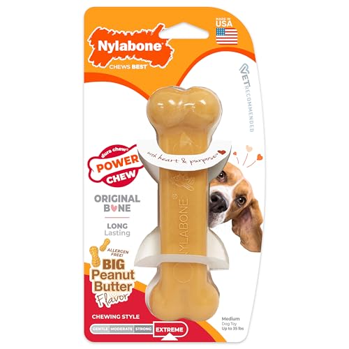 Nylabone Power Chew Classic Bone Chew Toy for Dogs, Durable Dog Toys for Aggressive Chewers, Peanut Butter Flavor, Medium/Wolf - Up to 35 lbs. (1 Count) - size: Medium