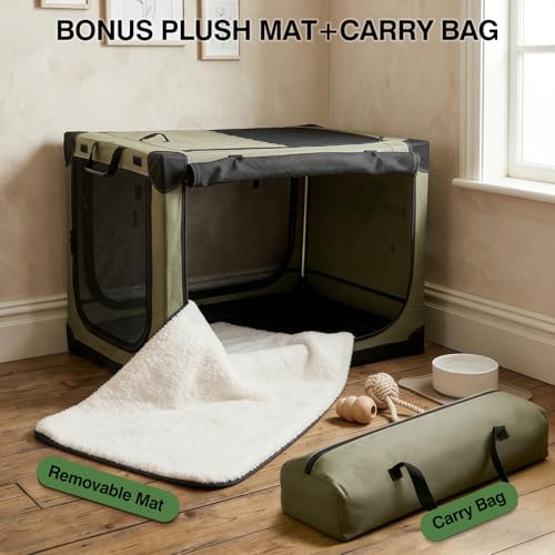 Veraste 33 x 25 x 25 in 4-Door Collapsible Soft-Sided Mesh Dog Crate, Green - color: Green, size: 33.0"L x 25.0"W x 25.0"H