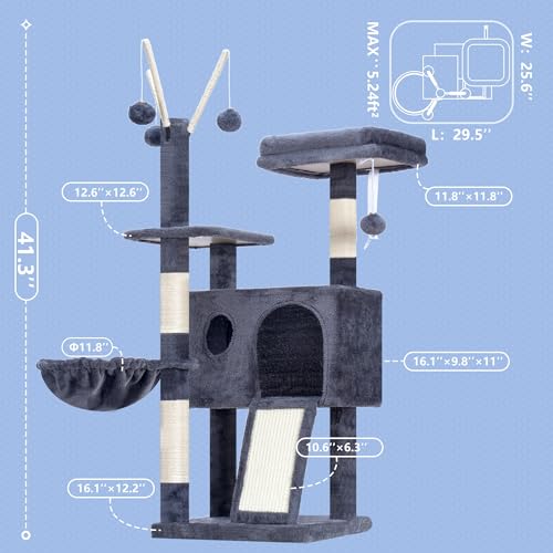 Hey-brother Cat Tree Tower with Removable Toys, Scratching Posts, MPJ008SG - color: Smoky Gray