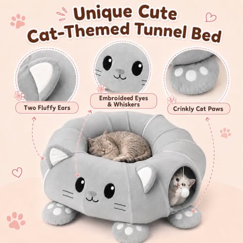 Cat Tunnel Bed with 21 Interactive Toys - color: Grey, Kitten Pattern