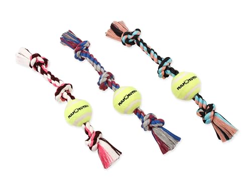 Mammoth Flossy Chews Color 3 Knot Tug w/Standard Tennis Ball – Premium Cotton-Poly Tug Toy for Dogs, Interactive Rope Dog Toy for Medium Dogs - 20” , Multi color - size: Medium (20 in), style: 3 Knot Rope Tug with Tennis Ball