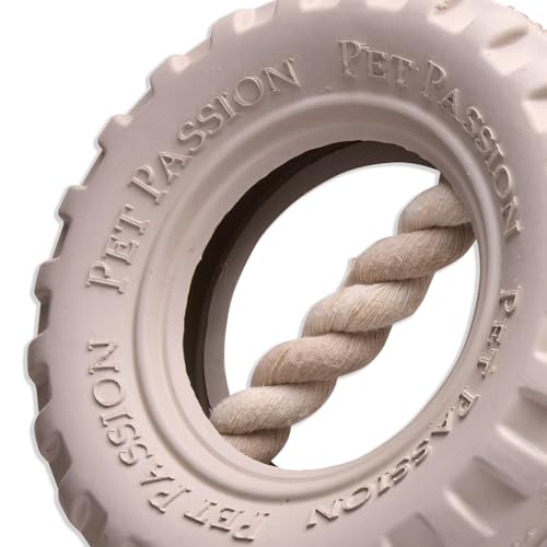 Pet Passion Natural Rubber Tire and Organic Cotton Rope Pull and Chew Dog Toy for All Pet Breeds, Almond Milk, Medium - color: Almond Milk, size: Medium