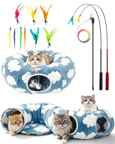 Cat Tunnel Bed with Toys – Large Collapsible Play Tube (Blue) - color: Cozy Clouds Blue