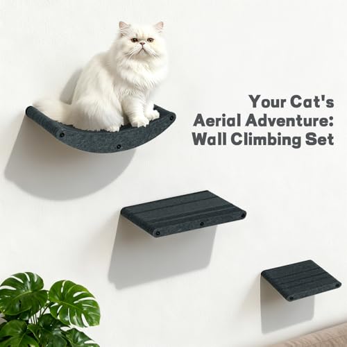 Wall Mounted Cat Shelves Set, Felt Cat Wall Perch & Climbing Steps, Space Saving Floating Cat Furniture, Wall Cat Climbing System for Indoor Kittens & Large Cats
