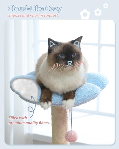 MUTTROS Flower Cat Tree with Large Metal Frame Hammock, 35" Pink Cat Tower with Sisal Scratching Posts for Small Indoor Cats, Cat Condo with Blue Top Perch for Kittens, Fluffy Ball, Pink - color: Blue, size: 35" Upgraded Flower Cat Tree