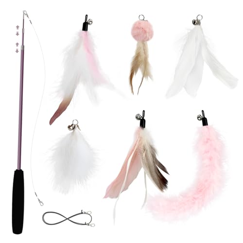 SONGWAY Interactive Cat Feather Toy Set - Retractable Teaser Wand with 6 Pcs Feather Refills with Bell, Cat Wand Toys for Indoor Cats Kittens Play Chase Exercise, Light Pink - color: Light Pink