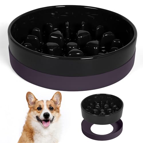 Sted Ceramic Slow Feeder Dog Bowls with Silicone Base - color: Black, size: Medium-8 inches