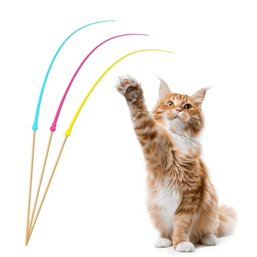 Cat Wand Toy,Cat Toy Wand,Cat Toy on Stick 3 PCS Silicone Ultra-Light Durable Tail Non Feather Teaser Used for Stress Relief (Colorful Styles)