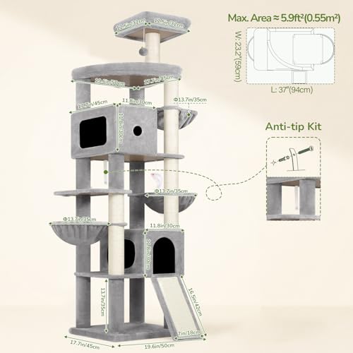 Globlazer Cactus Extra Tall Cat Tree for Large Cats, Heavy Duty Tower, F83C - color: Light Grey
