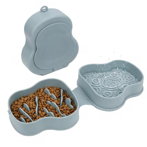 Collapsible Dog Travel Bowl with Lid, Slow Feeder (Bluish) - color: bluish