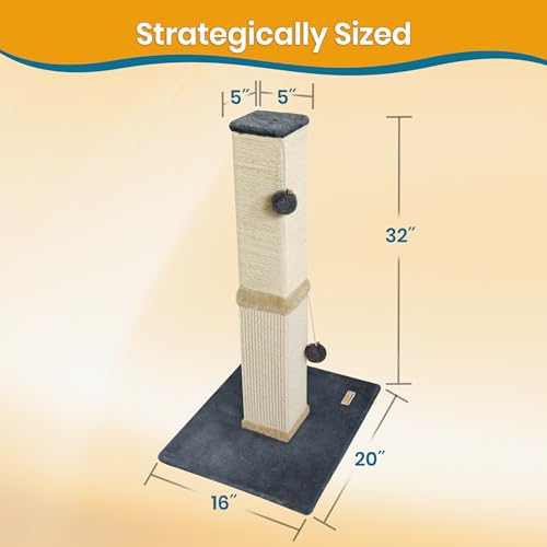 Pawbee 32" Cat Scratching Post Tower with Jingle Bells and Plush Balls, Sisal Tower with Larger Base for Better Stability, Beige - color: Beige