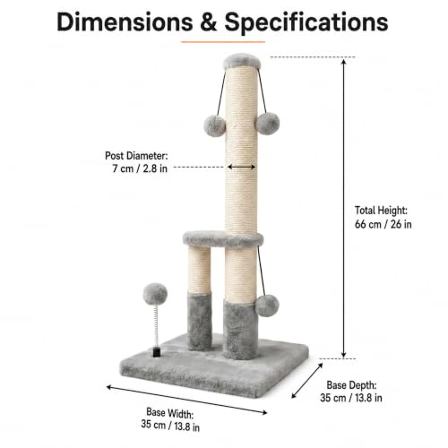 Dimaka Tall Cat Scratching Post, Double Lower Posts Extra Stable Cat Post Tree Scratcher with Sisal Rope and Teasing 4 Balls Total Large Base (Grey) - color: Grey