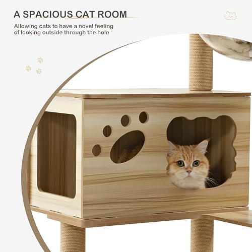 EUREKA ERGONOMIC Cat Tree Large 52 Inch, Wooden Cat Tower Multi-Level Cat Tree Tower for Indoor Cats Large Adult with Scratching Post, House, Pompoms, Cat Stand with Scratch Pad (Yellow) - size: CT02