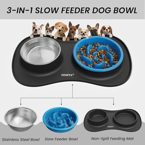 YINEYA 3 in 1 Slow Feeder Dog Bowls,Dog Water Bowl,Cat and Dog Food Bowl - color: Black, size: Small