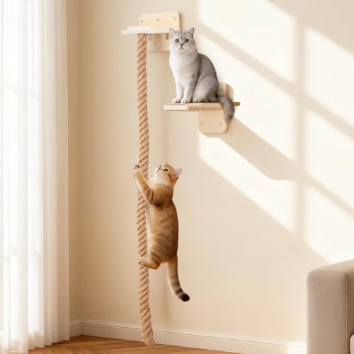 Uross 2.2" x 5.4Ft Cat Climbing Rope Wall Mounted with Jumping Platform Thick Natural Jute Rope Ladder & Scratching Post, Heavy Duty Cat Wall Furniture for Indoor Cats, Kittens & Large Cats