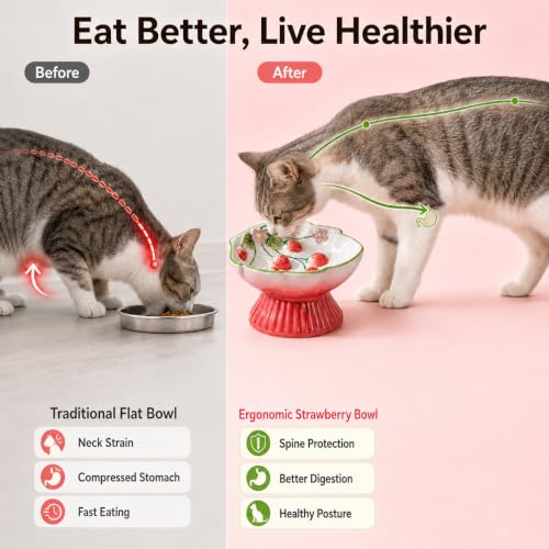 Ceramic Slow Feeder Cat Bowl, Cute Strawberry Elevated Cat Bowl for Wet & Dry Food, Raised Ceramic Cat Food Bowl with Whisker-Friendly Wide Shallow Design, Slow Feeder for Slower Eating