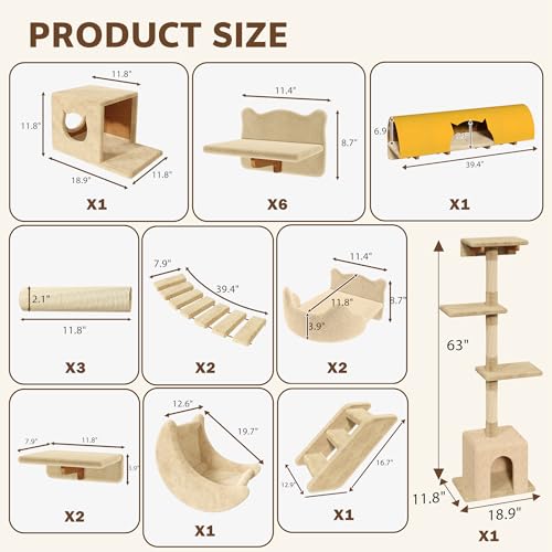 26-in-1 Cat Wall Shelves with Cat Tree, 40''L Tunnel, Moon, Beige - color: Beige, size: 26-in-1