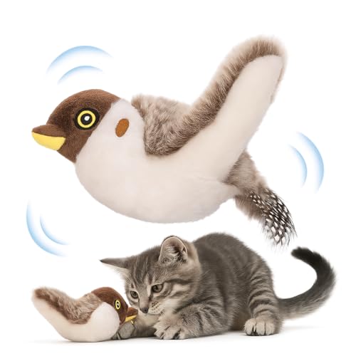 Flying Bird Cat Toy (Not a Flying Toy) – Flappy Bird Cat Toy with Flapping Wings & Chirping Sound, USB Rechargeable Motion-Activated Toy for Indoor Cats - color: Brown & White Bird