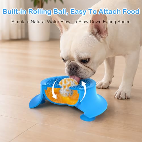 Slow Feeder Dog Bowl Lick Mat with Rolling Ball for Dog & Cat, Silicone - color: Blue+Green