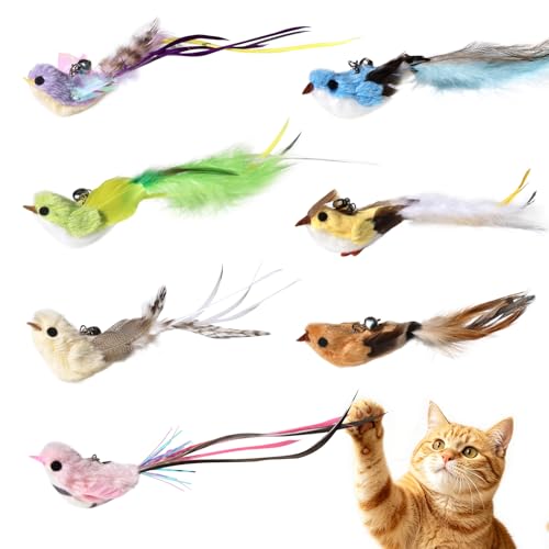SONGWAY Cat Toy Wand Refills - 7 Pieces Realistic Plush Bird Cat Toys with Natural Feather Tails, Interactive Cat Teaser Refills for Indoor Cats, Kitten Hunting Play & Boredom Reduction - color: Colorful Birds
