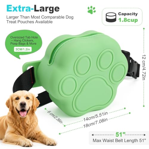 Dog Treat Pouch with Training Clicker and 2 Poop Bags, 1.8 Cup Small Sealable Zipper Silicone Fanny Pack with Waist Belt, Pet Puppy Training & Walking Essentials (Green) - color: Green