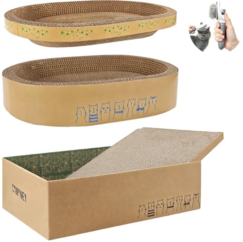 Comoney Cat Scratcher Bed 3 Pack, Oval Corrugated Cardboard Cat Scratch Pads for Indoor Cats with Grooming Brush, Round Cat Scratching Board Lounge Furniture Protector - size: 17.7" x 12.6" x 5.4"