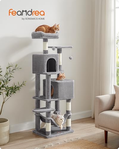 Feandrea Cat Tree, 59.5-Inch Tall Cat Tower, Multi-Level Condo, Light Gray - color: Light Gray, size: 59.5 Inches