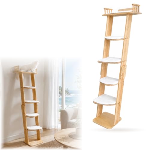 Solid Wood Leaning Cat Climbing Ladder, 70" Tall 6-Level Tree Tower