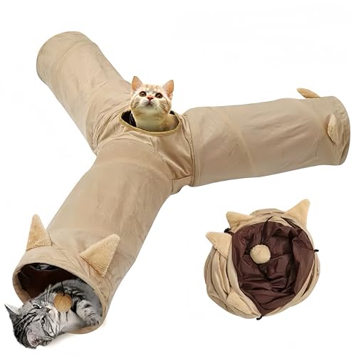 Cat Tunnel 3 Way Collapsible, Cat Ear Design with Crinkle Sound, Indoor Cat Toys Interactive, 4 Peek Holes Pet Play Tube for Cats, Kitten, Puppy, Rabbit, Brown (3-Way Brown Cat Ears) - size: 3-Way Brown Cat Ears